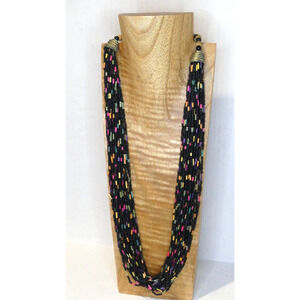 Colorful Layered Black Seed Beaded Necklace 28" Multistrand Fashion Wood Bead